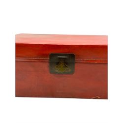 Pair of Chinese 18th century hand-painted leather-bound wooden trunks, each adorned with metal locks, twin carrying handles and patterned fabric-lined interior