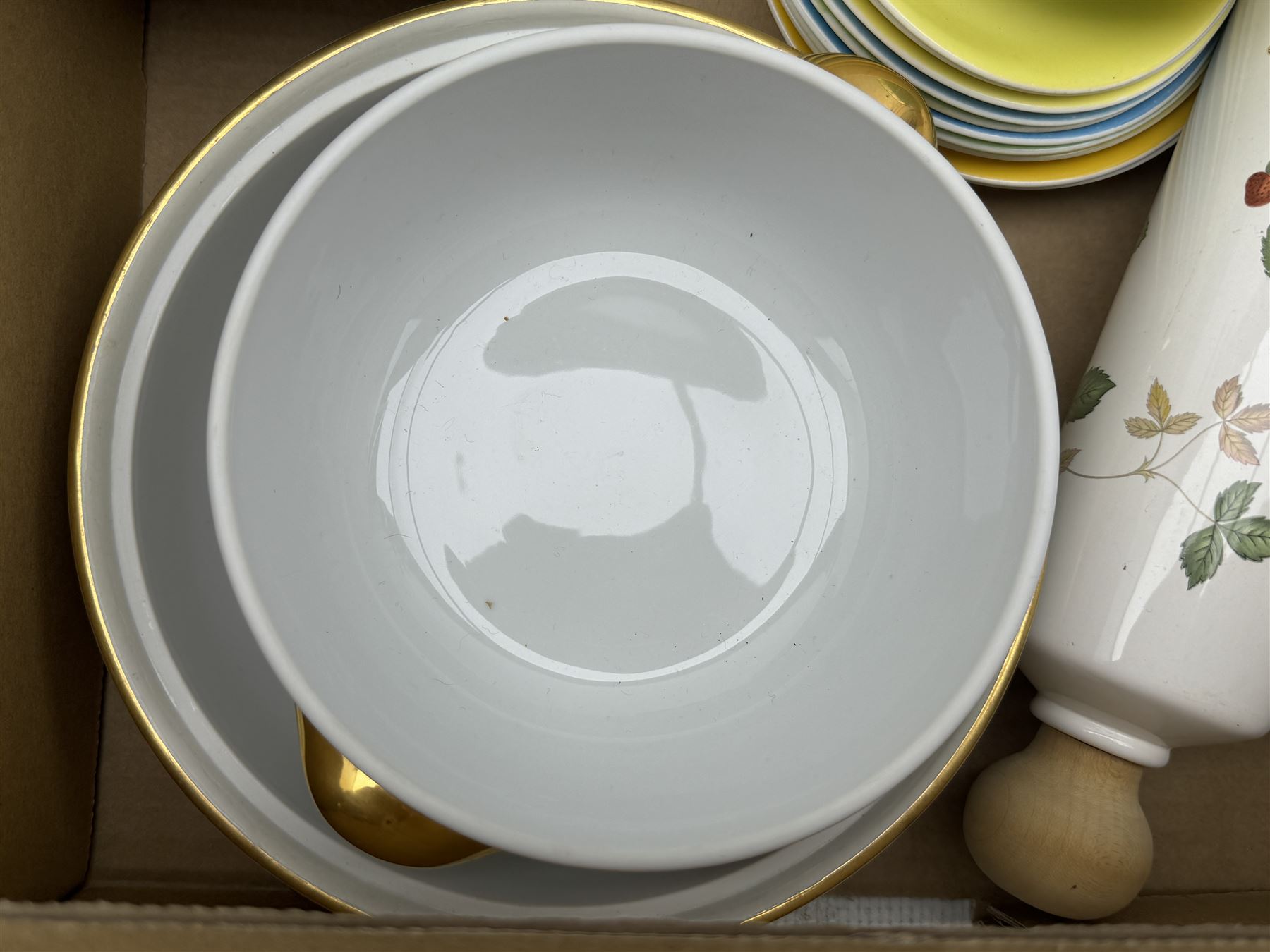 Aynsley harlequin cups and saucers, Royal Albert Old Country Roses vase and cover, Noritake coffee wares, Wedgwood Everest Goblet and various ceramics in two boxes