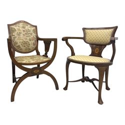 Edwardian inlaid mahogany X-frame armchair, upholstered seat and shield-back, curved front supports united by turned H-stretcher (W57cm, D58cm, H94cm); similar inlaid mahogany armchair, raised on cabriole supports united by cross-stretcher (W62cm, D60cm, H82cm) 
