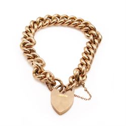 Early 20th century 9ct rose gold curb link bracelet, with heart locket clasp, links stamped