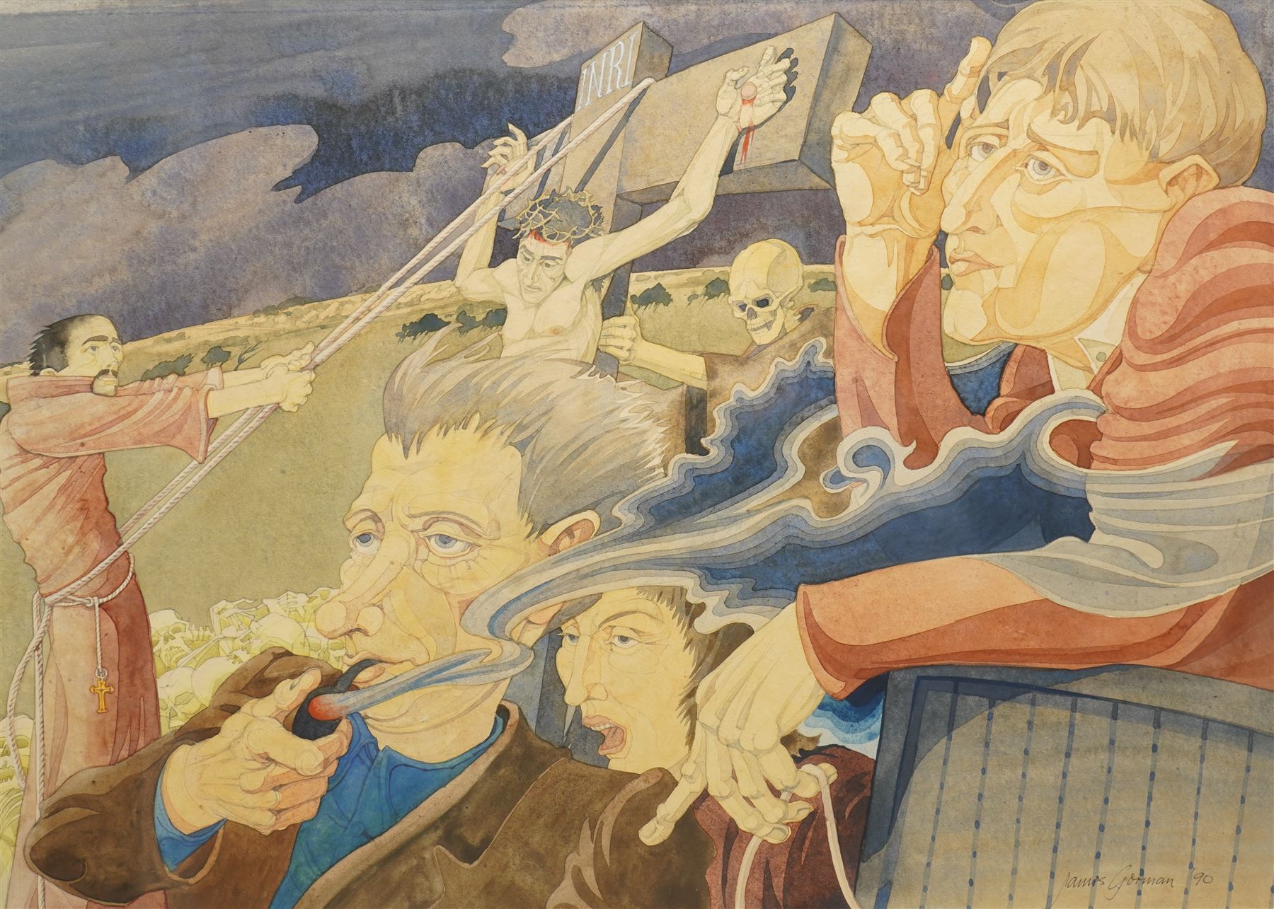 James Gorman (Scottish: 1931-2005): Crucifixion Scene, watercolour signed and dated '90, 38cm x 54cm