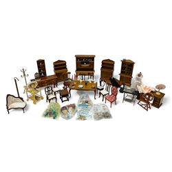 1:12 scale dolls house hallway and dining room furniture, including hat stand, mannequin, dressers and cabinets with ceramic ornaments, rocking chair, dining table, side board, dresser, drinks trolley, sewing machine, dining accessories and food, etc