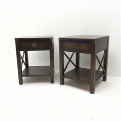  Pair Laura Ashley stained hardwood lamp tables, single drawers, square supports joined by an undertier W50cm, H66cm, D50cm  