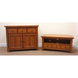  Medium oak dresser, three drawers above two cupboards, stile supports (W106cm, H85cm, D45cn) and matching corner television stand, single shelf above single drawer, stile supports (W102cm, H50cm, D55cm)  