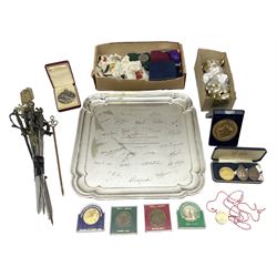 Collection of military buttons for various regiments, Kensitas cigarette printed silks,  rifle medals, silver plated metal tray and medallions etc 