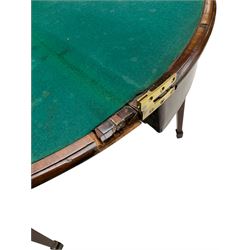 George III inlaid mahogany card table, demi-lune fold-over top with satinwood band and large fan motif, baize lined interior, double gate-leg action base, on square tapering supports with spade feet