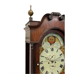 Nathaniel Dumville of Stockport - 8-day brass inlaid mahogany longcase clock c1840, swans neck pediment with ball and spire finials and wooden paterae, recessed break arch hood door flanked by rope twist pilasters, trunk with conforming pilasters and gothic ogee topped door, canted plinth raised on bracket feet, fully painted break arch dial with moon work and spandrels depicting the four seasons, centre with Roman numerals, minute track, subsidiary date and seconds dials, matching stamped brass hands, four pillar movement with an anchor escapement, rack striking on a bell. With weights and pendulum.
The Dumville family were prevalent Cheshire clockmakers working in Stockport 1820-42.
