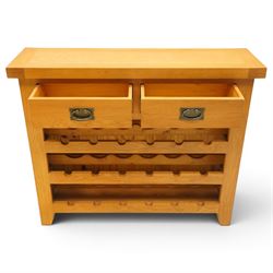 Contemporary solid oak wine rack console table, rectangular top fitted with two drawers, over a three-tier wine rack for twenty-four bottles, on square canted feet