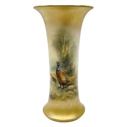 Early 20th century Royal Worcester vase decorated by Jas Stinton, of waisted cylindrical form, hand painted with pheasants in a woodland setting, signed Jas Stinton, with green printed marks beneath including shape number 923, and date code for 1910, H19cm