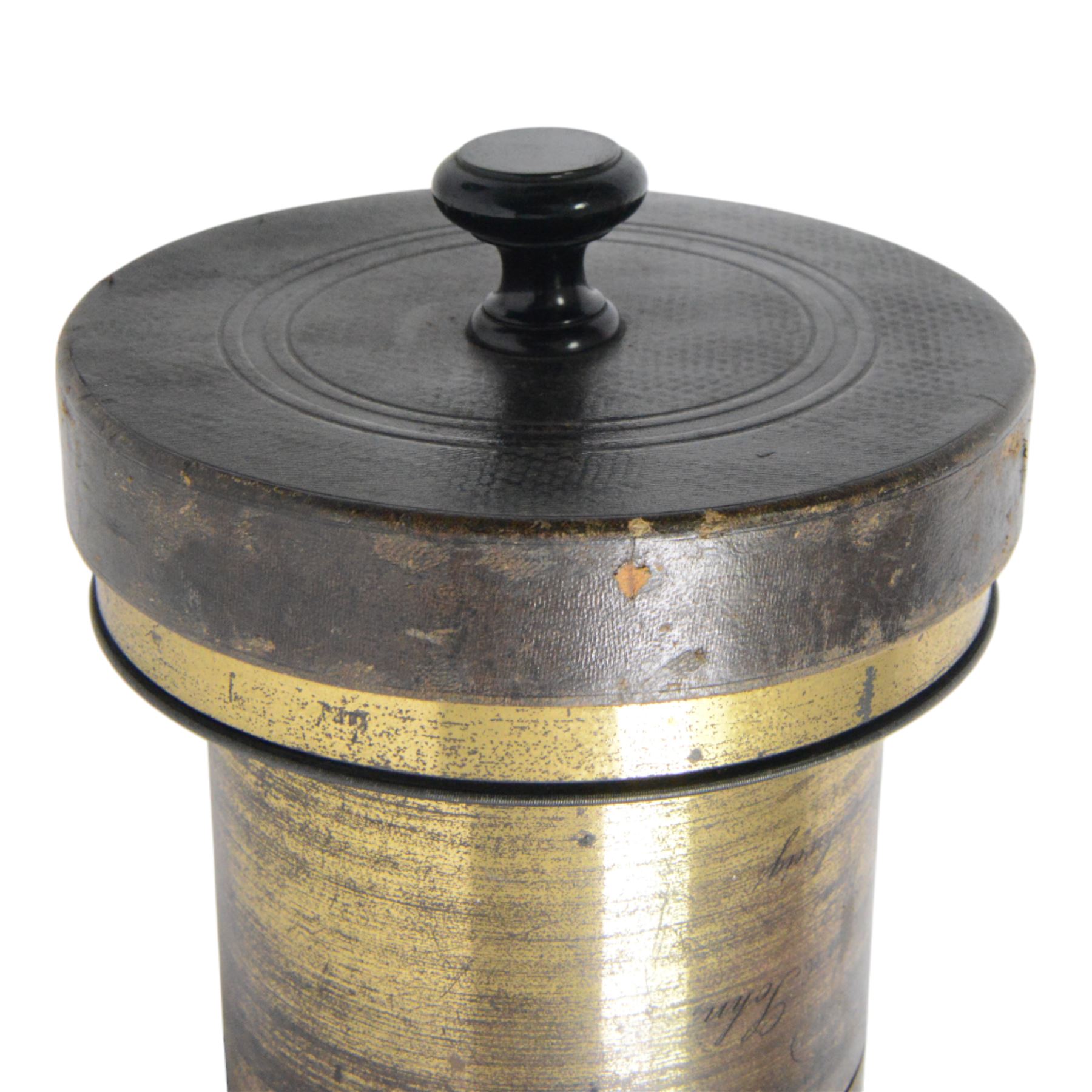 Late 19th century Voigtlander & Sohn large brass Euryscop lens no. 8 serial no. 31590, mounted to long black wooden box, with leather lens cover and seven brass Waterhouse stops, lens case D19cm