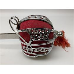 Reproduction Scottish basket hilted broadsword with 85cm double edged steel blade and red lined basket hilt with wire bound grip, in white metal mounted leather scabbard 107cm overall