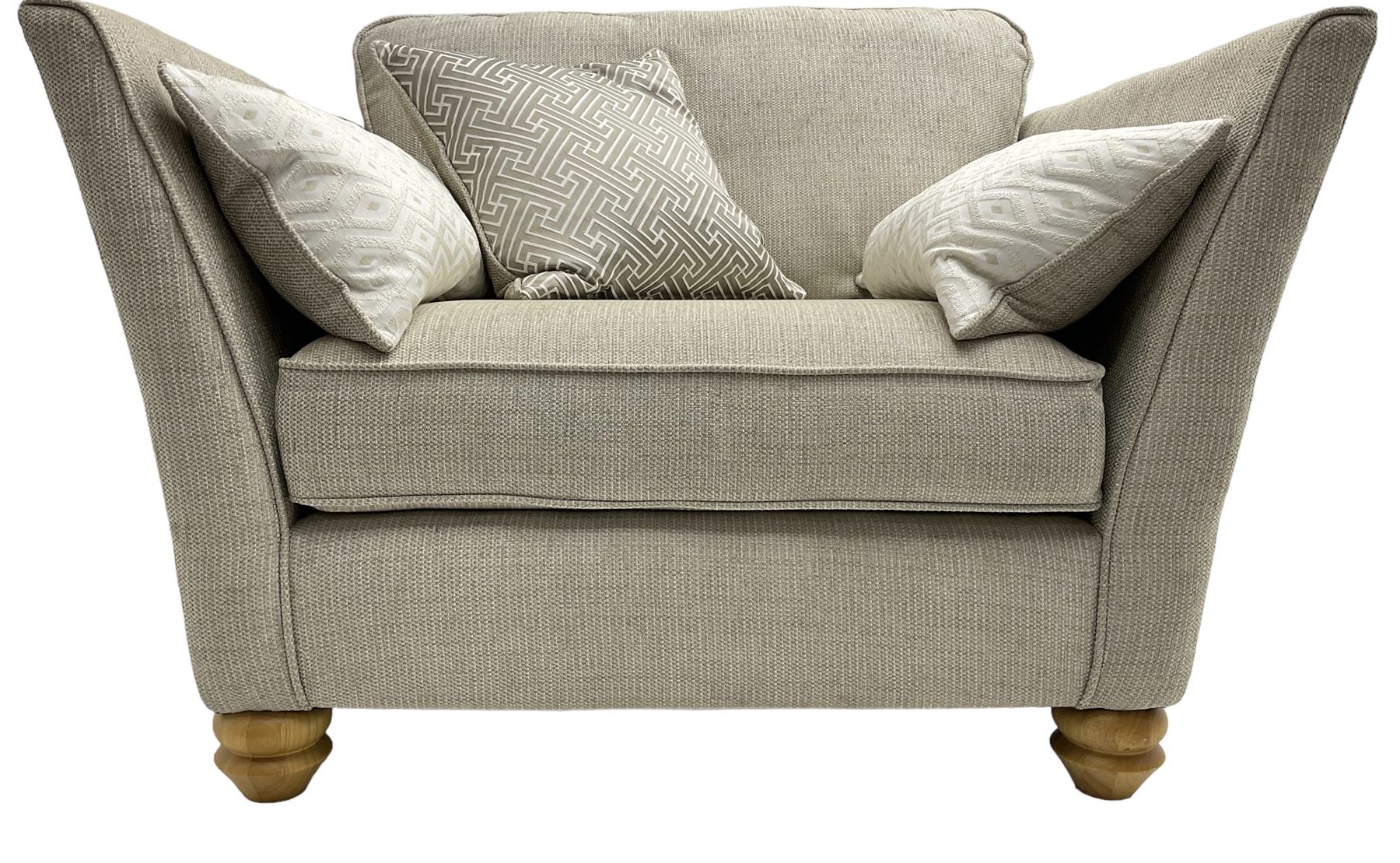 Oak Furnitureland - three-piece lounge suite upholstered in grey fabric, large three-seat sofa (W238cm, D106cm), two-seat sofa (W209cm), and snuggler sofa (W129cm)