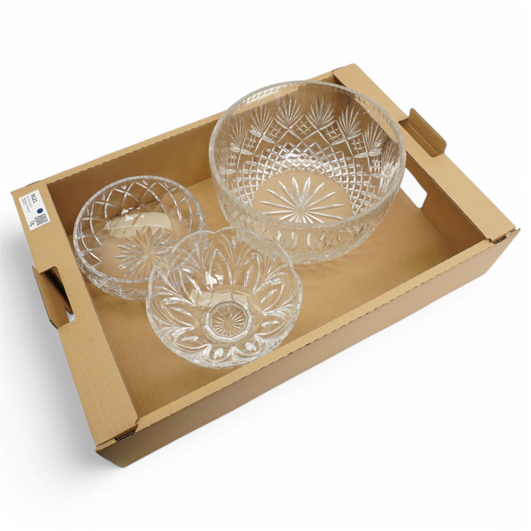 A Marquis by Waterford cut glass pedestal fruit bowl, decorated in the Canterbury pattern, together with two other crystal bowls, unmarked, largest H16.5cm (3)