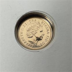 Queen Elizabeth II 2010 gold quarter sovereign coin, housed in a Mercury presentation cover, in Westminster folder with certificate