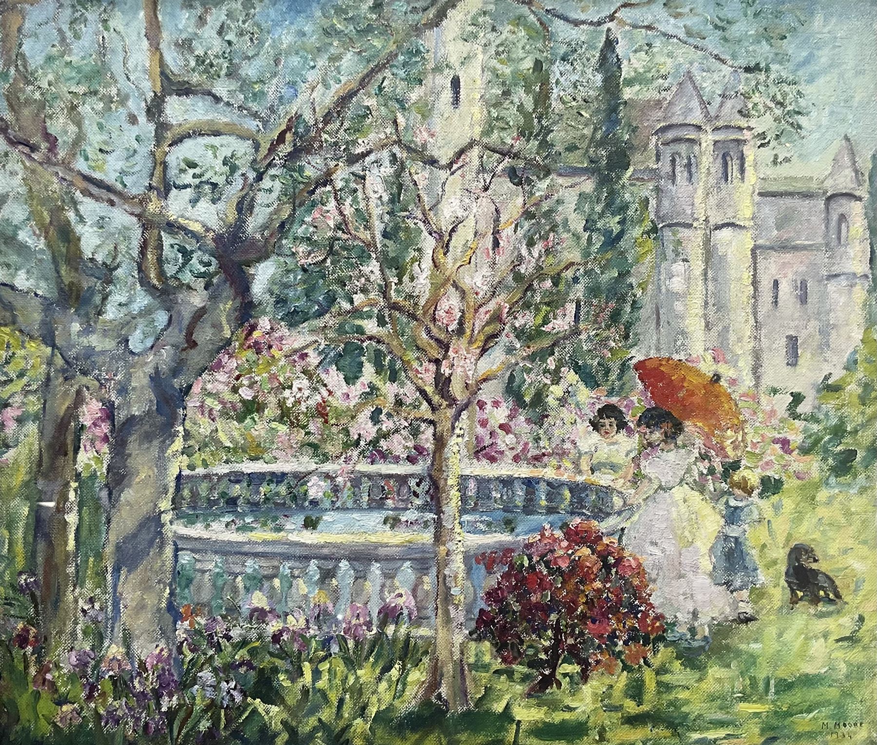 Marjorie Moore (British exh.1922-1937): 'The Italian Landscape', oil on canvas signed and dated 1934, original title label with artist's Sutton Coldfield address verso 34cm x 39cm 
Provenance: exh. Society of Women Artists, label verso