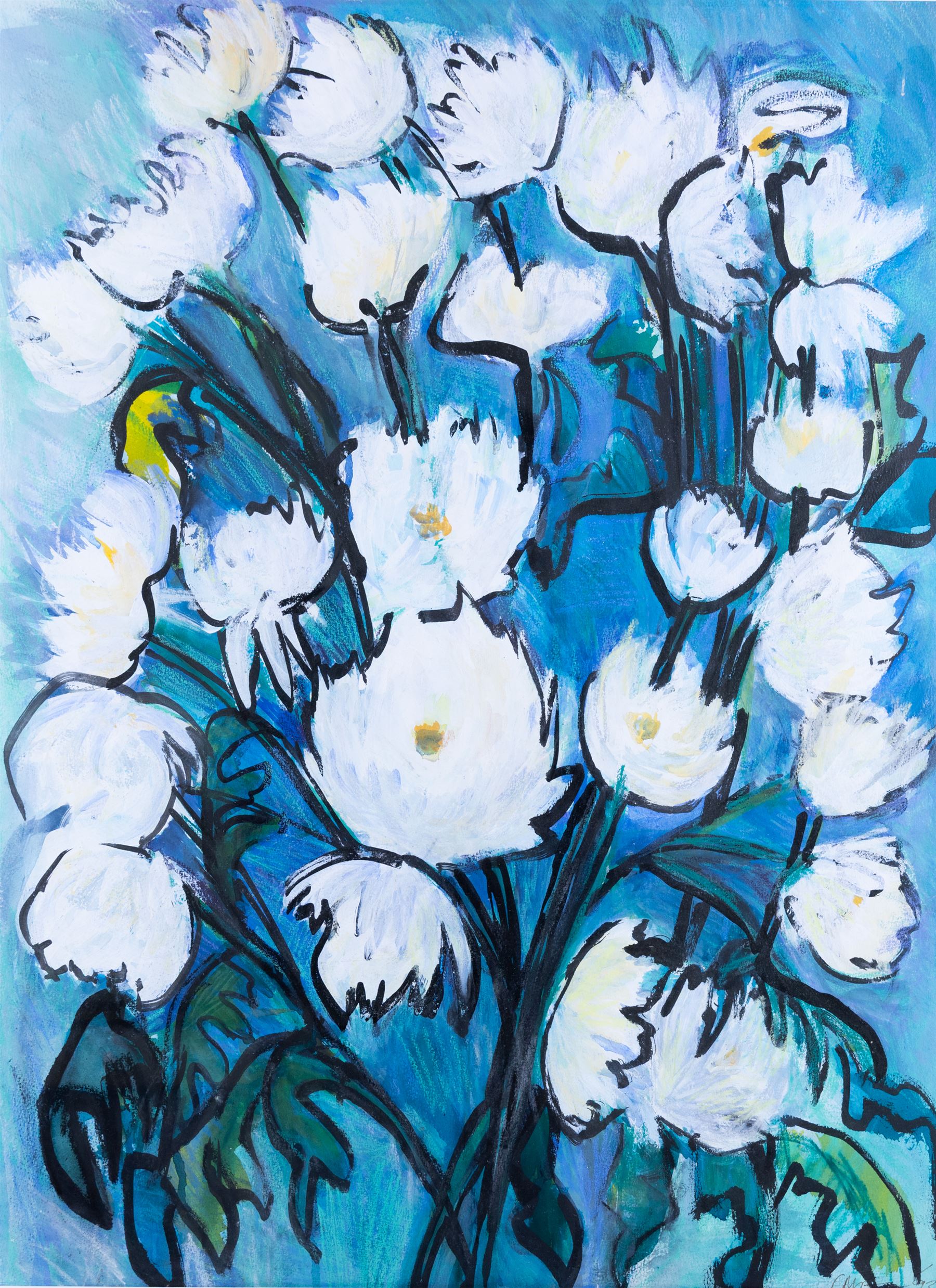 Clodagh McGuinness (Irish Contemporary): Still Life of Flowers, three large mixed media works variously signed, two 70cm x 52cm, smaller example 54cm x 40cm (3)