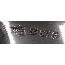 Pair of Victorian silver bon bon dishes, each of circular form, with shaped rim and repousse scroll decoration, hallmarked Fenton Brothers Ltd, Sheffield 1897, in tooled leather velvet and silk lined fitted case