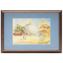 U Ba Thet (Burmese 1903-1972): Kaunghmudaw Pagoda and Burmese Buddhist monastery scene, pair of watercolours signed, 13.2cm x 19cm (2)