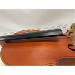 3/4 size cello with soft case, 69cm back length, 114cm full length, with bridge, ebonised tail piece and fingerboard.