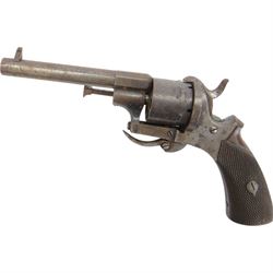 19th century pinfire six-shot revolver, rear loading with folding trigger and wooden grip, H10cm, L20cm