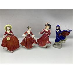 Ten Royal Doulton figures, to include Lydia HN1908, Goody Two Shoes HN2037, May HN2746, A Single red Rose HN3376, etc, nine with original boxes 