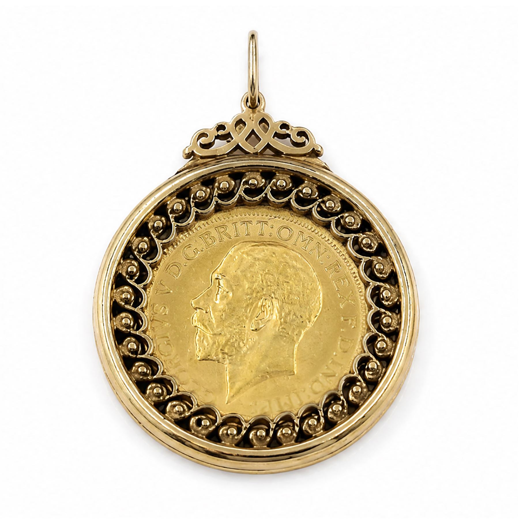 King George V 1912 gold full sovereign coin, loose mounted in a 9ct gold pierced design locket pendant, hallmarked