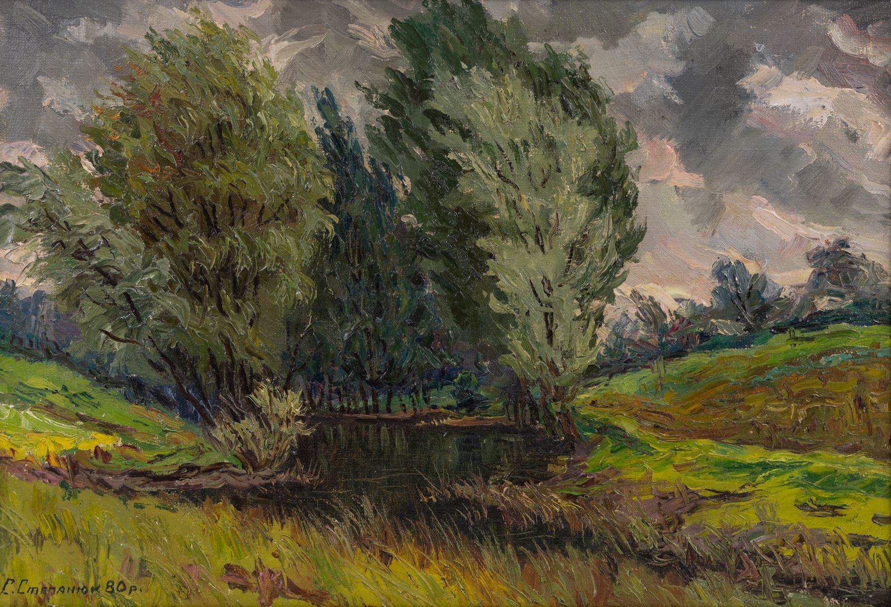 Russian School (20th Century): Stormy Day, oil on canvas indistinctly signed possibly Sergei?, dated 1980, titled and further inscribed verso 36cm x 53cm 
