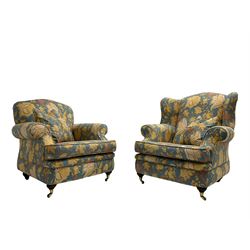Lincoln House - two seat sofa (W170cm), wingback armchair (W94cm), and armchair (W90cm), upholstered in blue ground fabric with floral pattern
