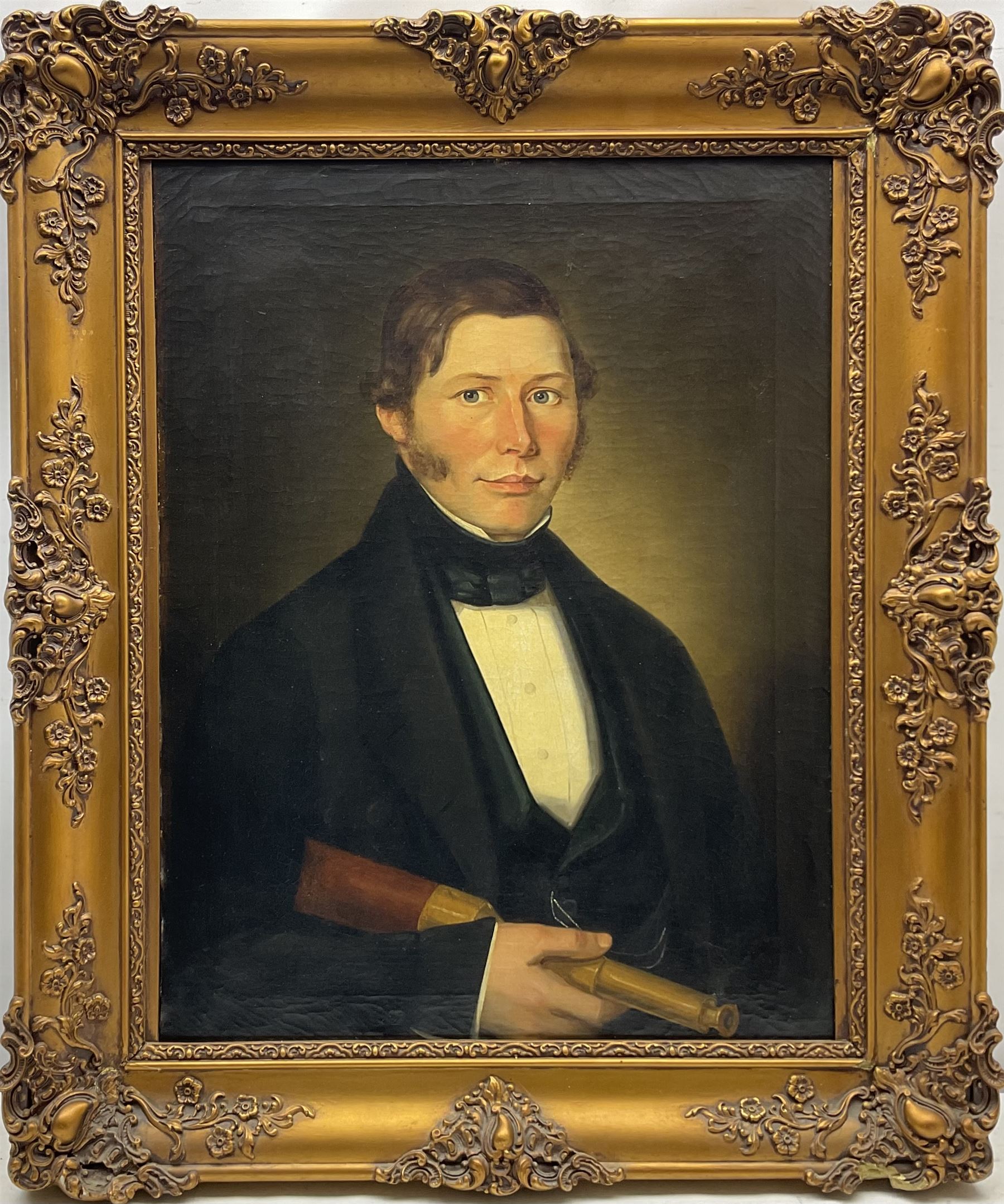 English School (Mid 19th century): 'Capt. Mark Weighill of the Brig Aid of Whitby' half length portrait holding a telescope, oil on canvas unsigned, original title label verso dated 'Sept. 1844 aged 32', 59cm x 46cm
Notes: the 181 ton Brig 'Aid' was built by Pickersgill & Miller of Sunderland but not until 1856. The vessel was initially owned by Gideon Smales of Whitby & later became owned by Isaac Seymour of Runswick near Whitby