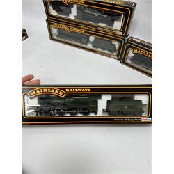 Seven Mainline Railways '00' gauge Jubilee Class 4-6-0 locomotives, comprising five 37062 in BR green livery, reworked as United Province no. 45578, Newfoundland no. 45573, Bellerophon no.45694, Nelson no. 45664 and no. 45691, 37047 Mars locomotive no. 45698 with Fowler tender in BR green livery and 936153 Western Australia locomotive no. 45568 in BR black livery, all boxed