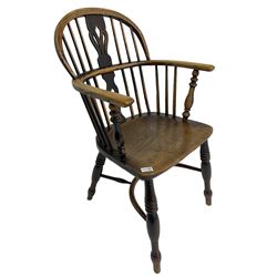 19th century elm and ash Windsor armchair, low double hoop and stick back with shaped and pierced splat, on turned supports united by crinoline stretcher