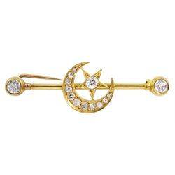 Victorian gold diamond star and crescent bar brooch, with two round old cut diamonds at each end, three main diamonds approx 0.18-0.20 carat each