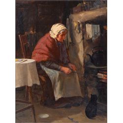 David W Haddon (British fl.1884-1914): Old Lady with Black Cat Toasting Bread on the Kitch...