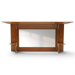 Manner of Liberty & Co, - Arts & Crafts inlaid oak overmantel mirror, the deep-projecting ...