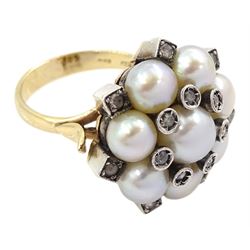 Gold and silver cultured white pearl and rose cut diamond flower head cluster ring, stamped 585