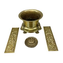 Brass jardiniere decorated with three lion masks above paws, together with a brass Chatwoods Quadruple patent Bolton safe plaque escutcheon by W. Tonks & Sons, and two repousse door finger plates