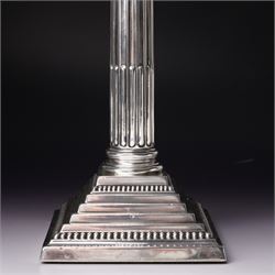 Pair of silver Corinthian column candlesticks with stepped square bases H30cm Birmingham 1968 Makers mark L.D.Ld