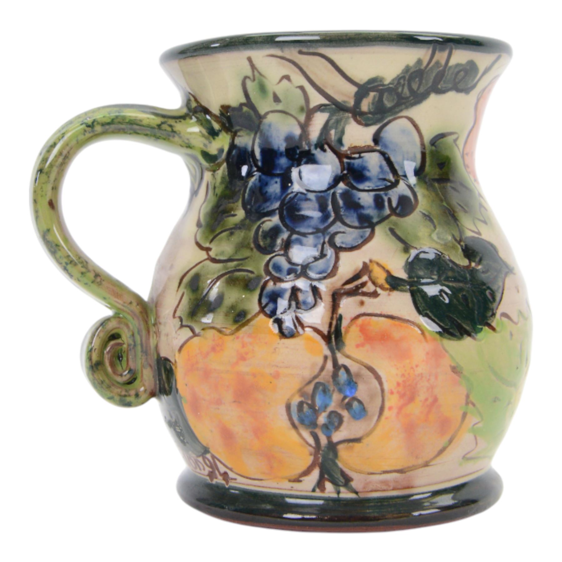 Paul Jackson Studio Pottery dished plate, decorated with Kingfishers and Koi fish amongst yellow irises, D26cm, together with a Paul Jackson Studio Pottery mug, of bellied form decorated with fruits, H11cm, each signed and dated 1996 and 1994