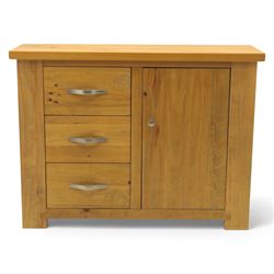 Contemporary pine side cabinet, rectangular top with moulded edge, fitted with three drawers with brushed metal handles alongside a single cupboard door with round metal knob, plain sides, raised on square block feet