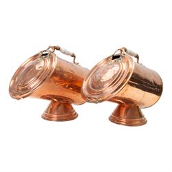 Pair of 19th century copper coal scuttles, of circular form raised on a circular stepped f...