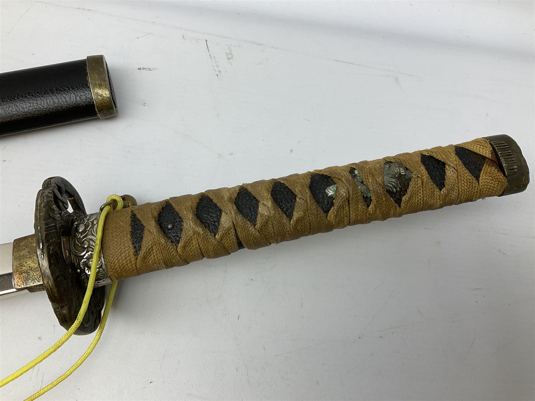 Three reproduction swords - Japanese katana and saya; Tai Chi sword with ornate scabbard; and dress sword with fullered triangular blade and horn handle (3)