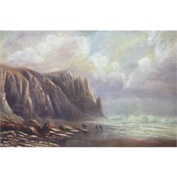 English School (Late 19th century): Cornish Cliffs, oil on panel signed with monogram JH in impressive swept gilt frame with moulded decoration 60cm x 91cm