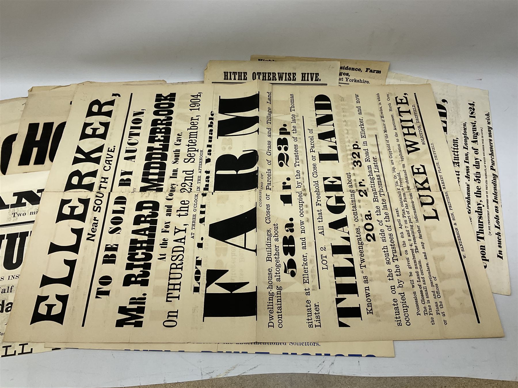 Seven late 19th/early 20th century auction posters of Hull/Yorkshire interest for properties in Hithe (Hive) 1852, South Cave 1880, Ellerker 1904, Hive 1921, Osbaldwick 1921, Balfour Street Hull 1922 and Sancton 1922; another for Cumberland 1824; two early 'This House To Let' posters; posters unframed and folded; and auction particulars for Gator Court, Ashburton, South Devon 