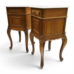 Pair of 20th century French honey oak and marble bedside cabinets, the square marble top with moulded edge, fitted with single drawer over panelled cupboard, shaped and moulded apron over scrolling acanthus leaf applied knees terminating to cabriole legs with scroll feet