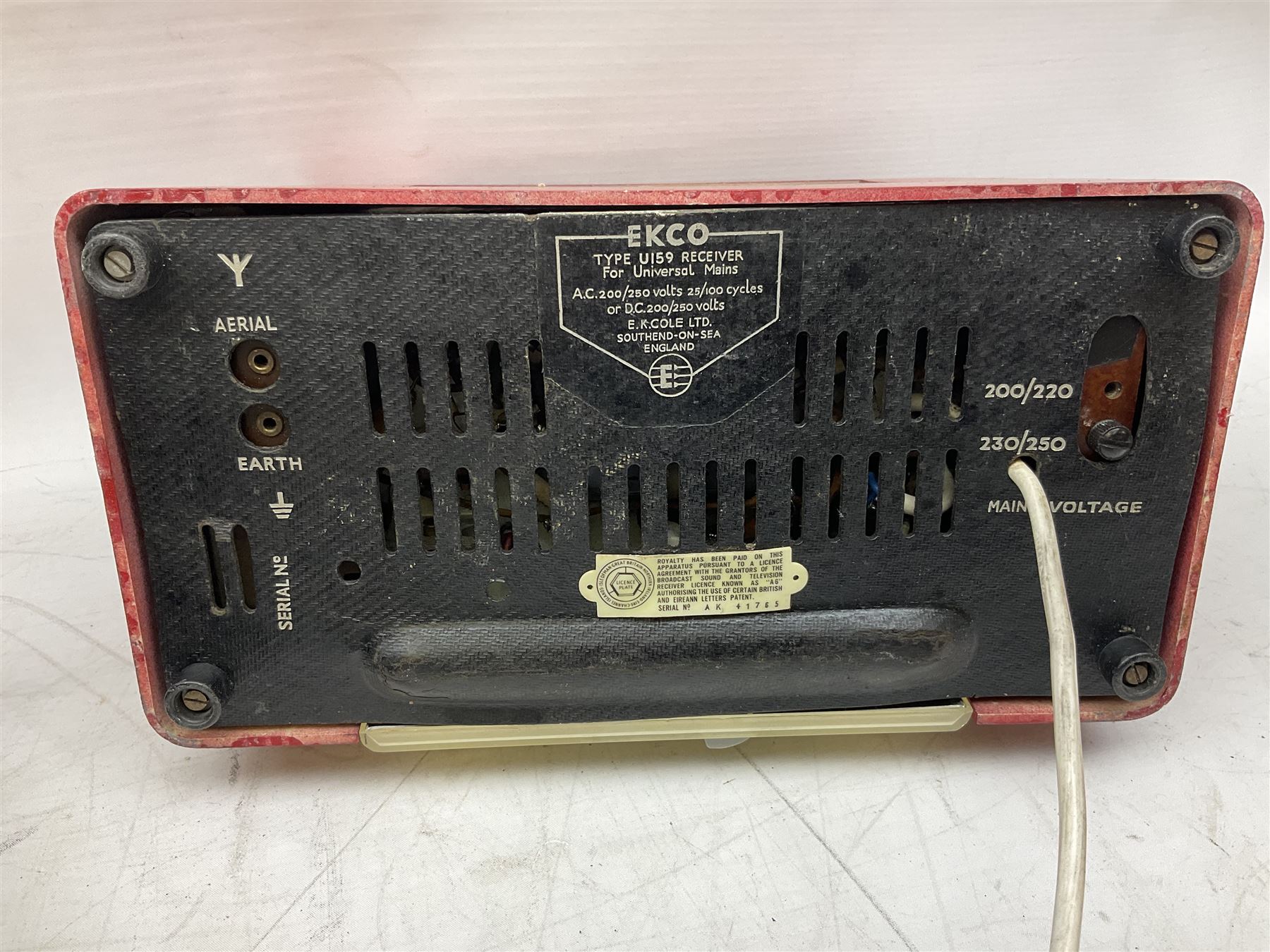 1950s Pye Type P43 cabinet radio in cream Bakelite case with orange knobs, W30cm H22cm D16cm, together with Ever Ready Sky Queen portable radio, Ekco portable radio in red case, Boxed Bush Special Edition 2002 Queens Golden Jubilee radio, Hacker Herald VHS radio (5)