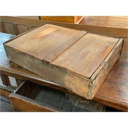 18th century oak dresser base, moulded rectangular top over two drawers and shaped apron, moulded drawer fronts fitted with shaped brass handle plates and swan neck handles, on chamfered square supports united by pot board base 