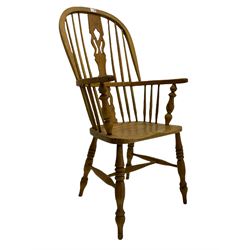 19th century ash and elm Windsor armchair, double hoop and stick back with shaped and pierced splat, on turned supports joined by H stretcher 