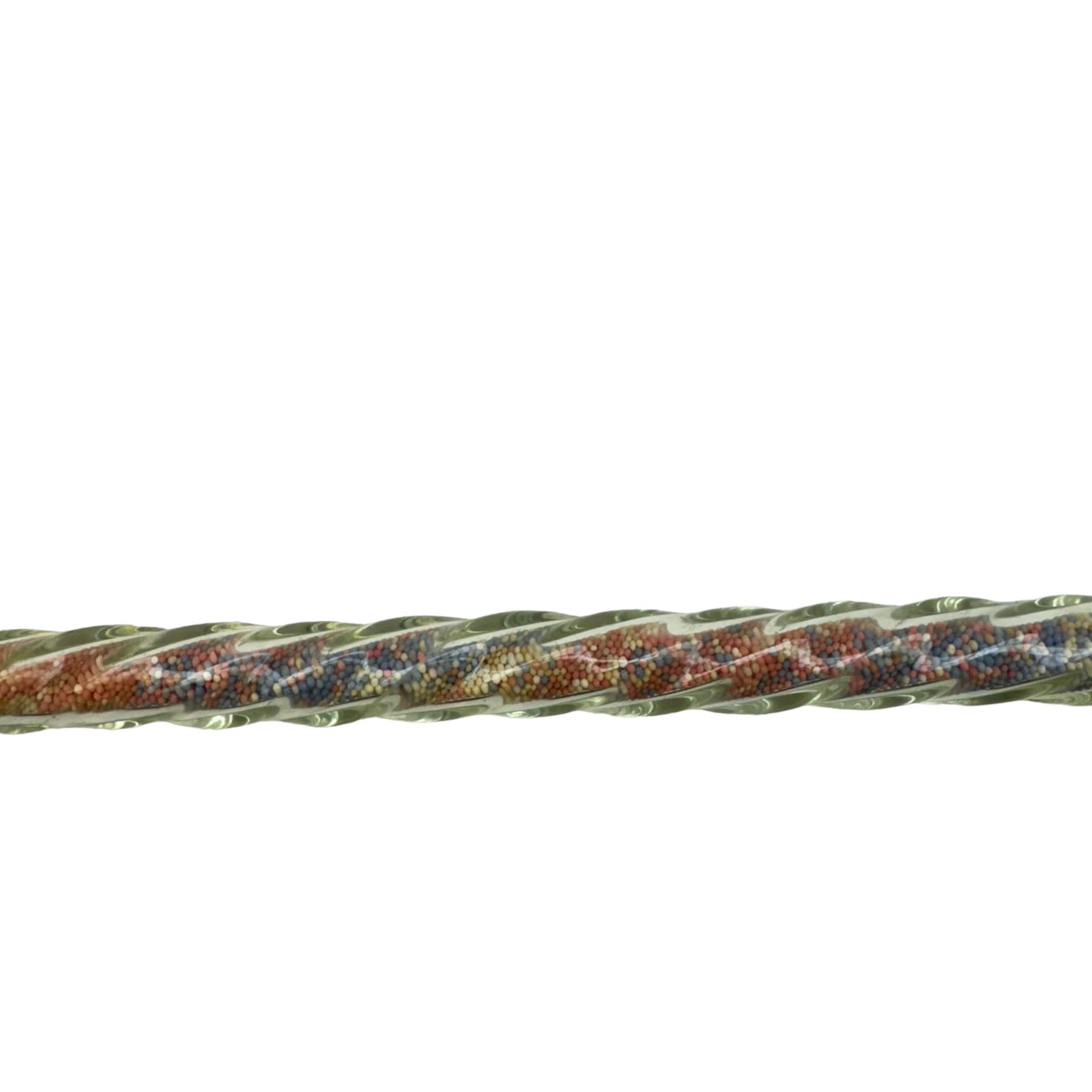 Six Victorian glass walking canes, to include three 'frigger' examples with colour twist designs, a 'hundreds and thousands' example with knop finial and filled with micro beads, possibly Nailsea, an opaque green twist example, and an amber glass example, longest L130cm