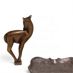 Friedrich Adler for Osiris - Jugendstil Isis pewter tray decorated with flowers, with impressed mark beneath, together with bronze letter opener and fawn figure, tray L13cm