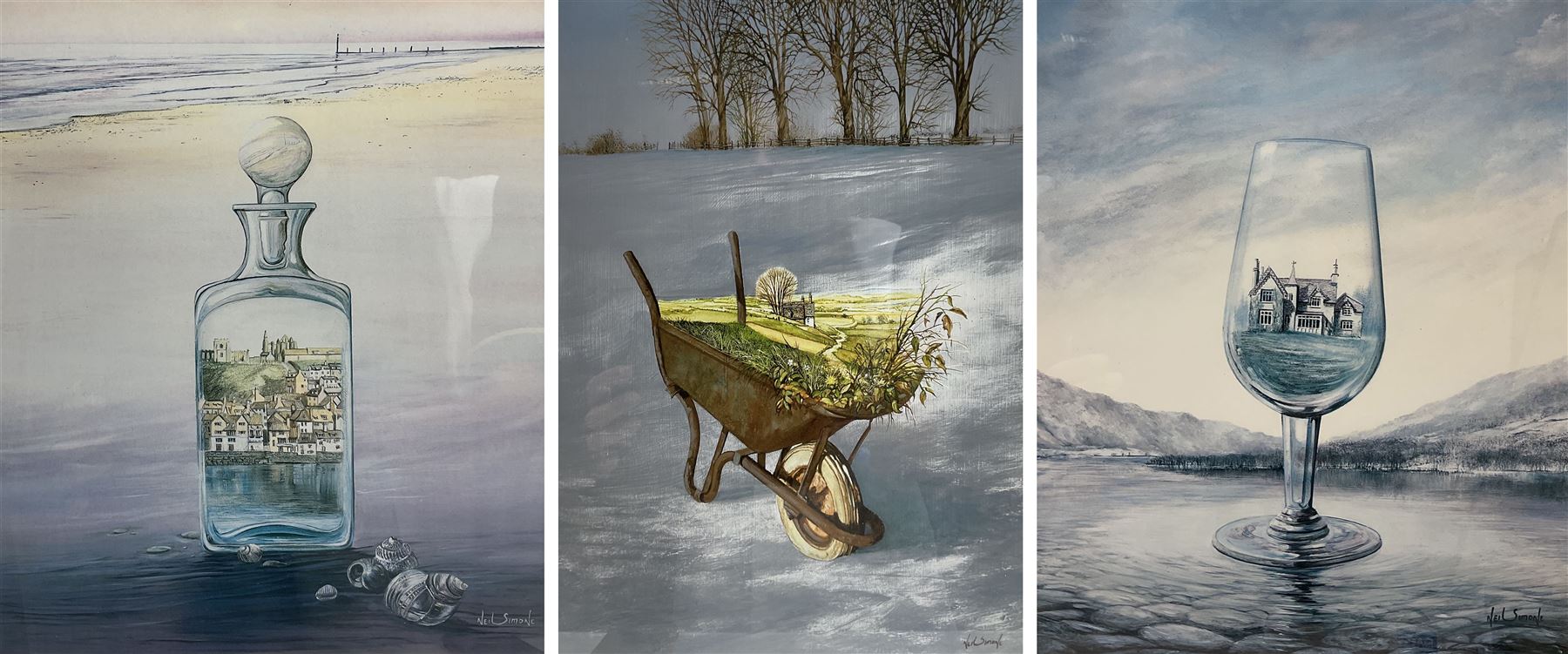 Neil Simone (British 1947-): 'Port Decanter' (with a view of Whitby Abbey), 'The House of Glass' and Wheelbarrow, set three limited edition colour prints signed in pencil 30cm x 25cm (3)
